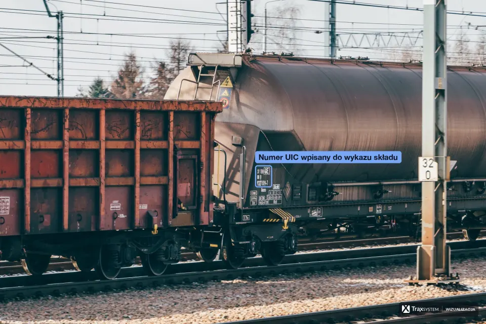 Wagon odkryty i cysterna do materiałów sypkich na torach pod siecią trakcyjną. Na cysternie naniesiono ramkę wokół numeru wagonu z podpisem „Numer UIC wpisany do wykazu składu”.