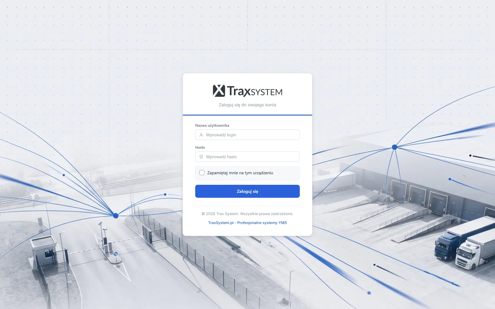 Ekran logowania do aplikacji TraxSystem z widocznym numerem wersji